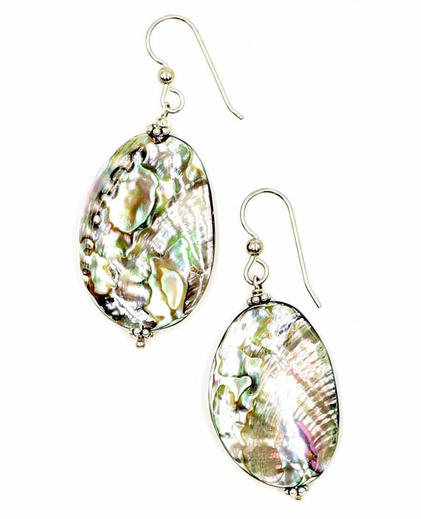 Large Abalone Shell Wire Earrings pictured on white backdrop by Gogo Jewelry