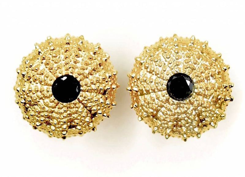 gold vermeil sea urchin earrings large with black onyx front view
