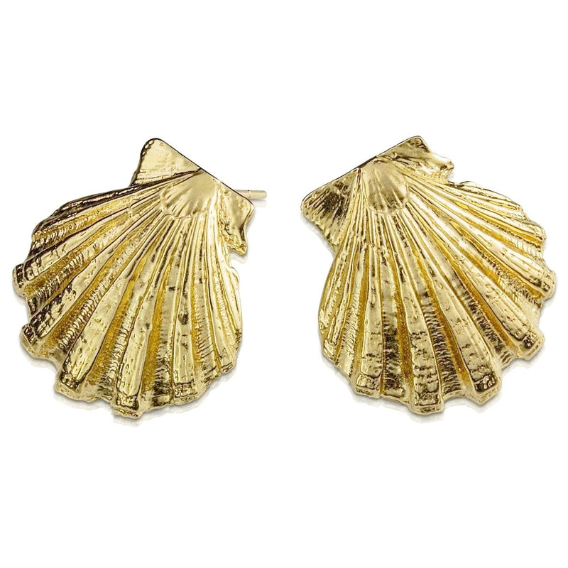 14k gold scallop shell earrings with post front view