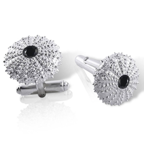 sterling silver sea urchin cufflinks with black onyx quarter view