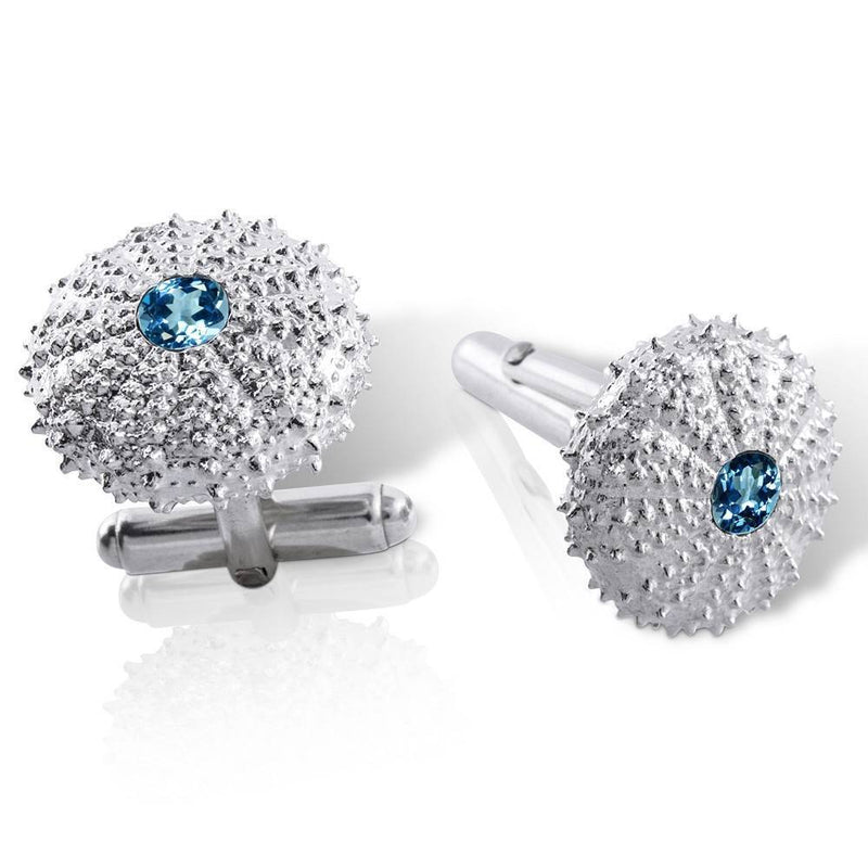 sterling silver sea urchin cufflinks with london blue topaz quarter view