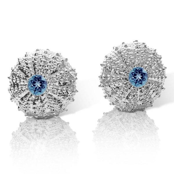 sterling silver sea urchin large earrings with london blue topaz front view