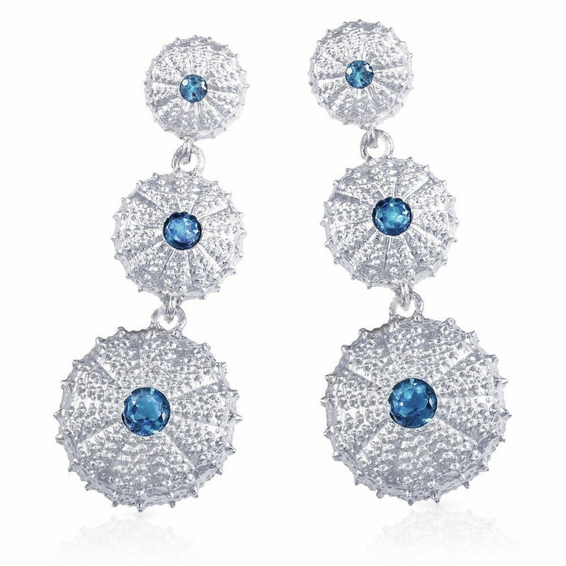 sterling silver sea urchin triple earrings with london blue topaz