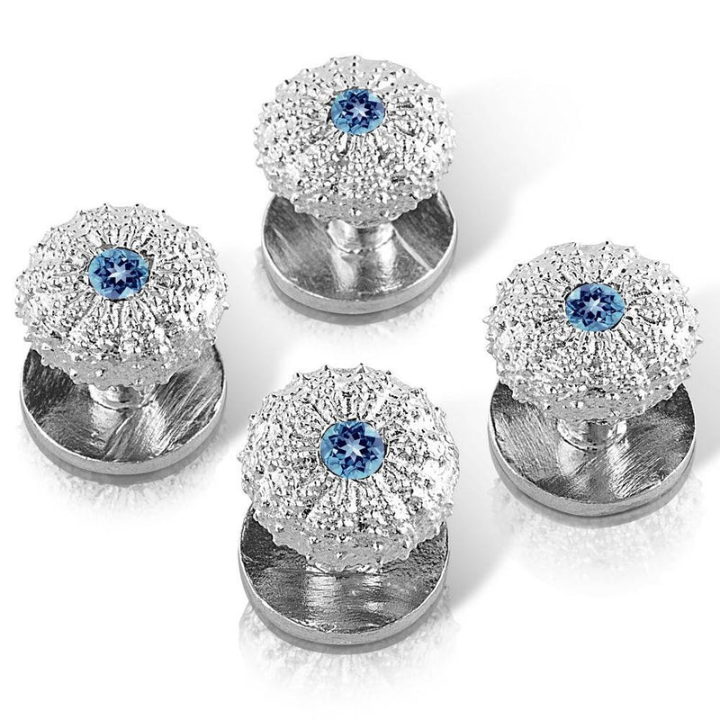 sterling silver sea urchin shirt studs with london blue topaz on white background